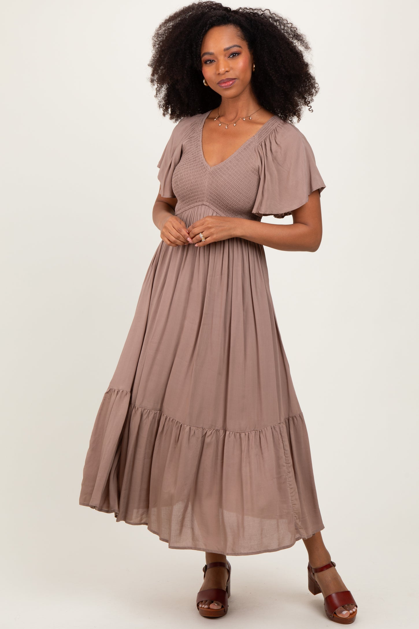 Mocha Smocked Maternity Midi Dress