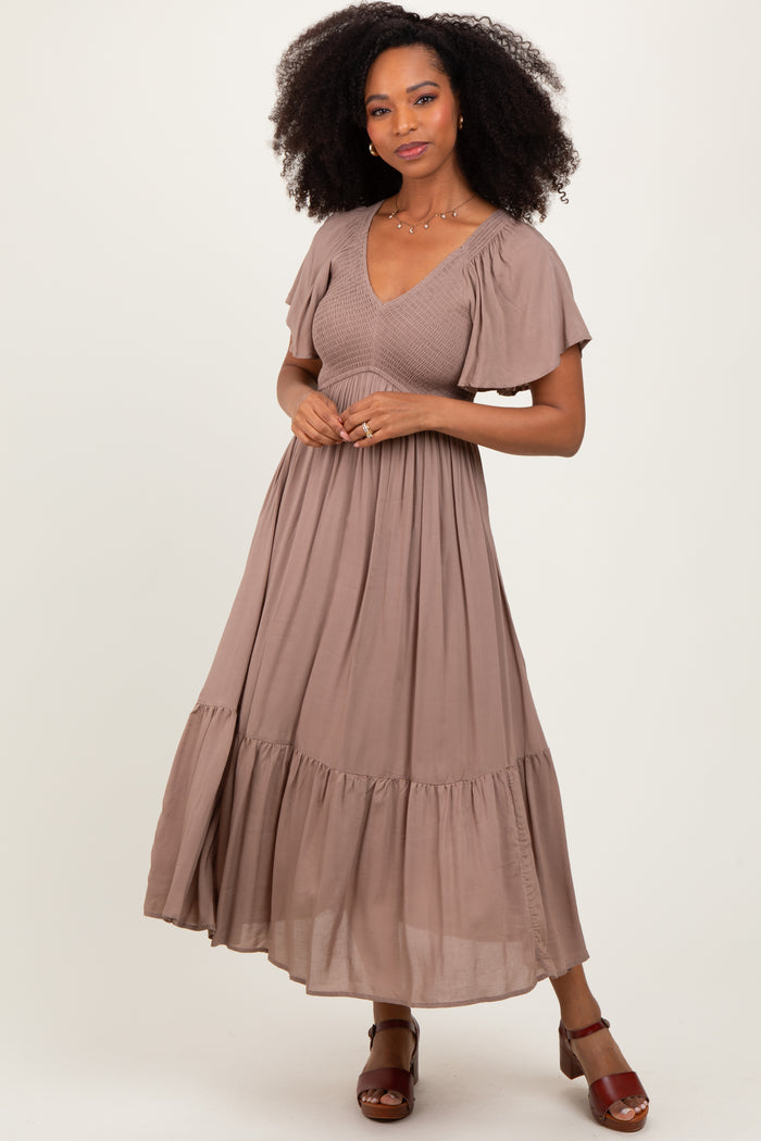 Mocha Smocked Maternity Midi Dress