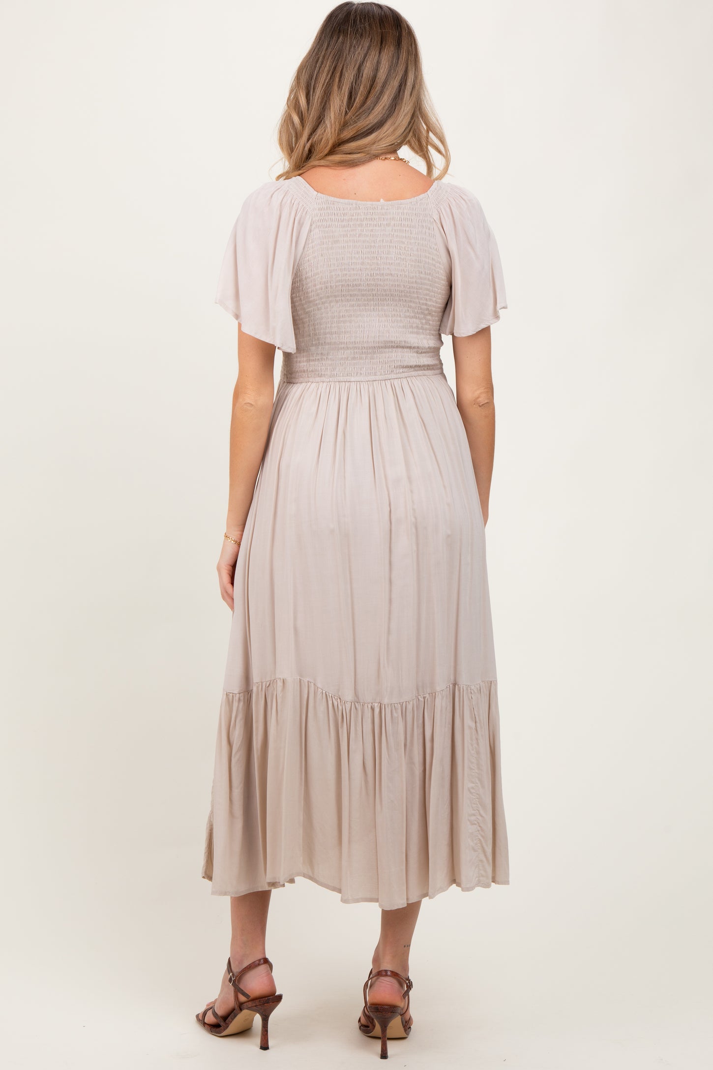 Cream Smocked Flutter Sleeve Midi Dress