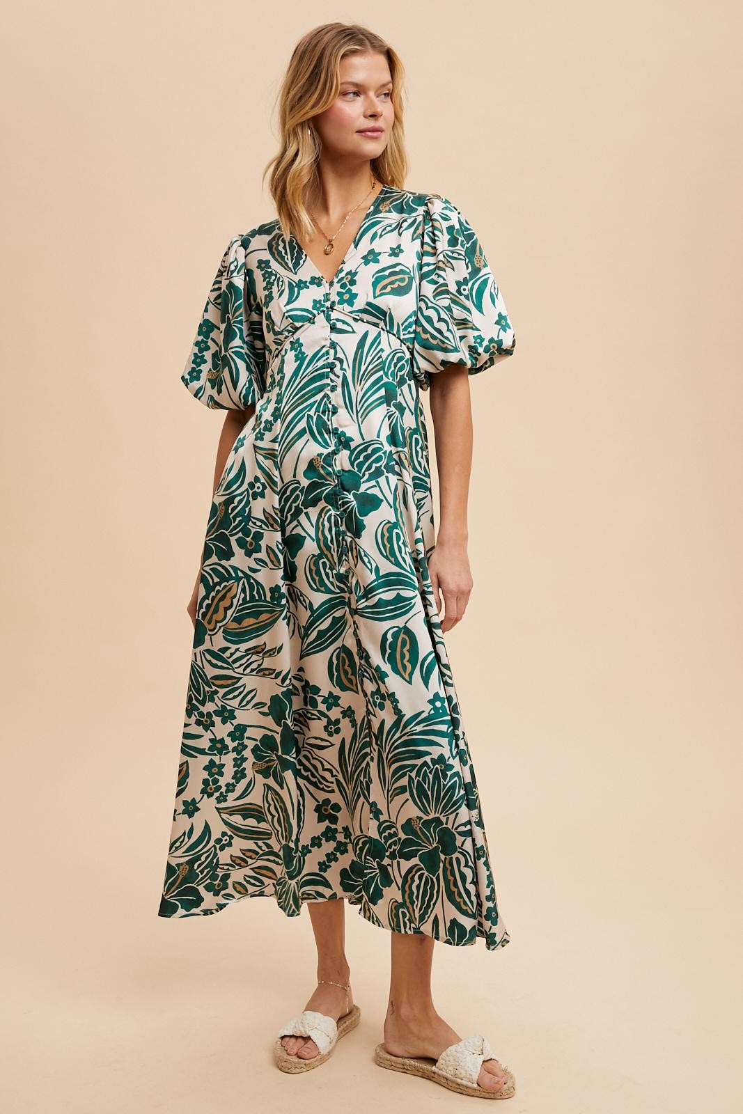 Green Palm Resort Print Satin Floral Button Maternity Maxi Dress
