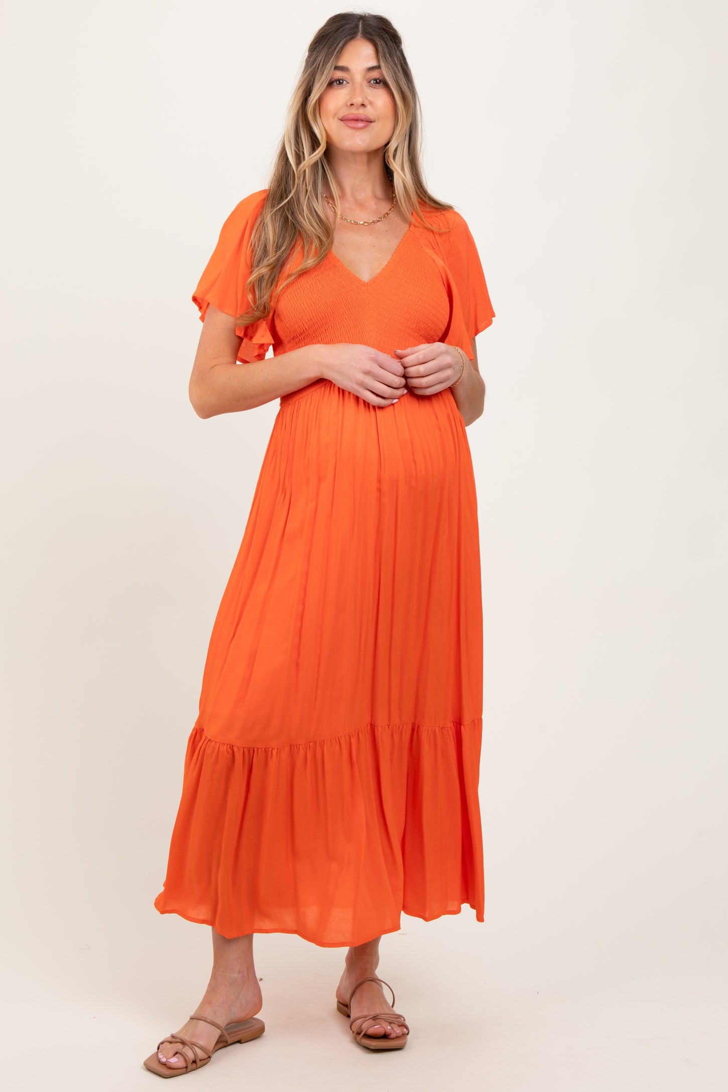 Orange Smocked Flutter Sleeve Midi Dress