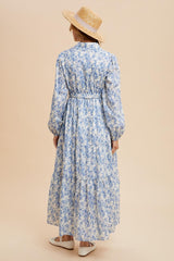 Light Blue Cotton Toile Print Button Down Maxi Dress