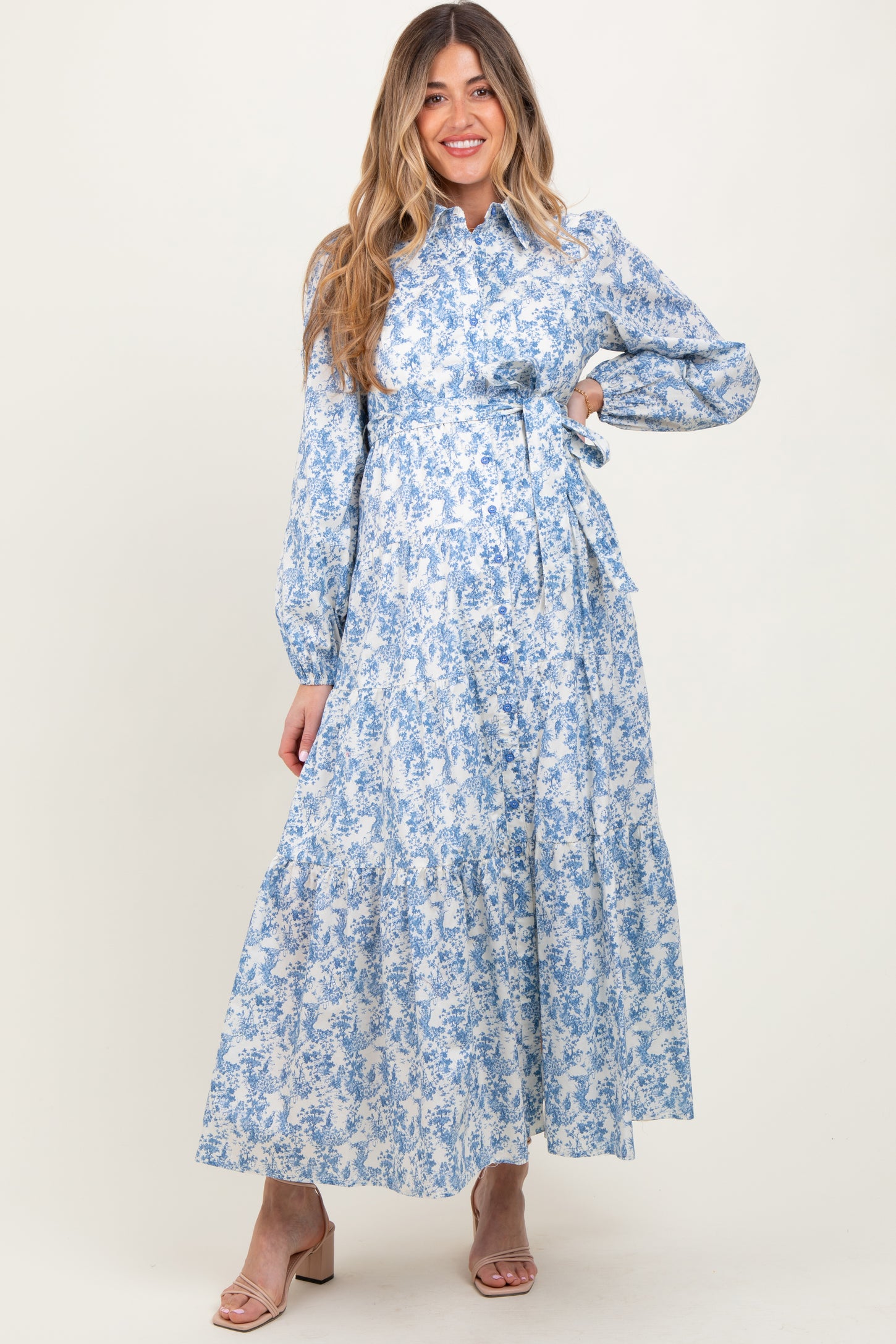 Light Blue Cotton Toile Print Button Down Maternity Maxi Dress