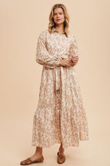 Mocha Cotton Toile Print Button Down Maxi Dress