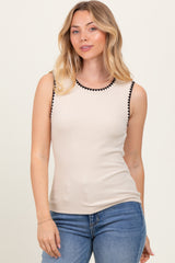 Cream Ribbed Contrast Embroidered Sleeveless Maternity Top