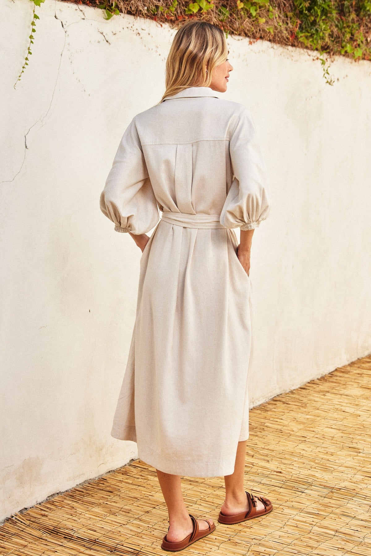Beige 3/4 Bubble Sleeve Midi Shirt Dress