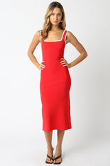 Red Knit Contrast Trim Square Neck Midi Dress