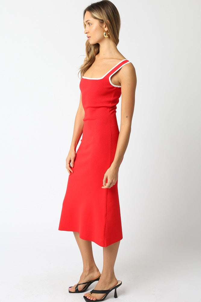 Red Knit Contrast Trim Square Neck Midi Dress