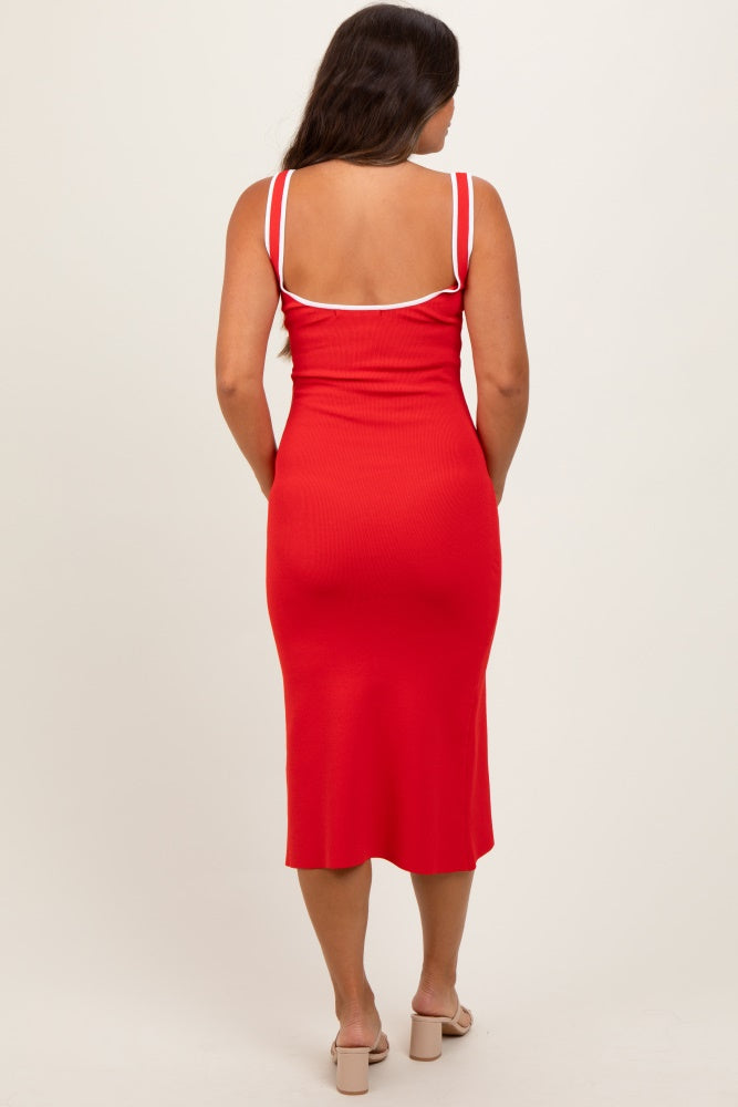 Red Knit Contrast Trim Square Neck Maternity Midi Dress