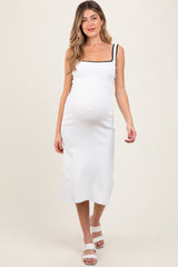 White Knit Contrast Trim Square Neck Maternity Midi Dress
