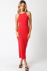 Red Knit Contrast Trim Midi Dress