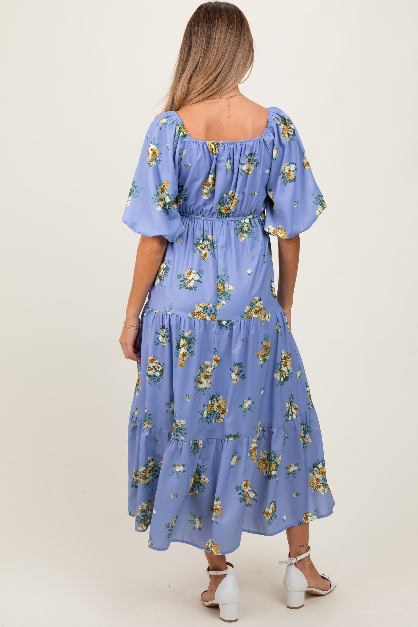 Light Blue Floral Puff Sleeve Maternity Tiered Maxi Dress