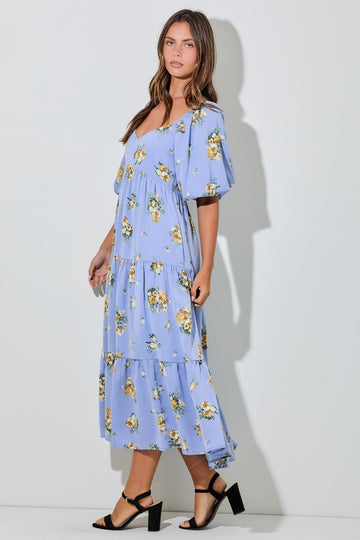 Light Blue Floral Puff Sleeve Tiered Maxi Dress