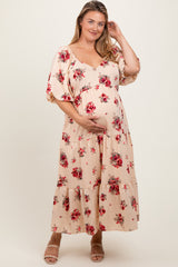 Cream Floral Puff Sleeve Maternity Plus Tiered Maxi Dress