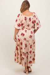 Cream Floral Puff Sleeve Maternity Plus Tiered Maxi Dress