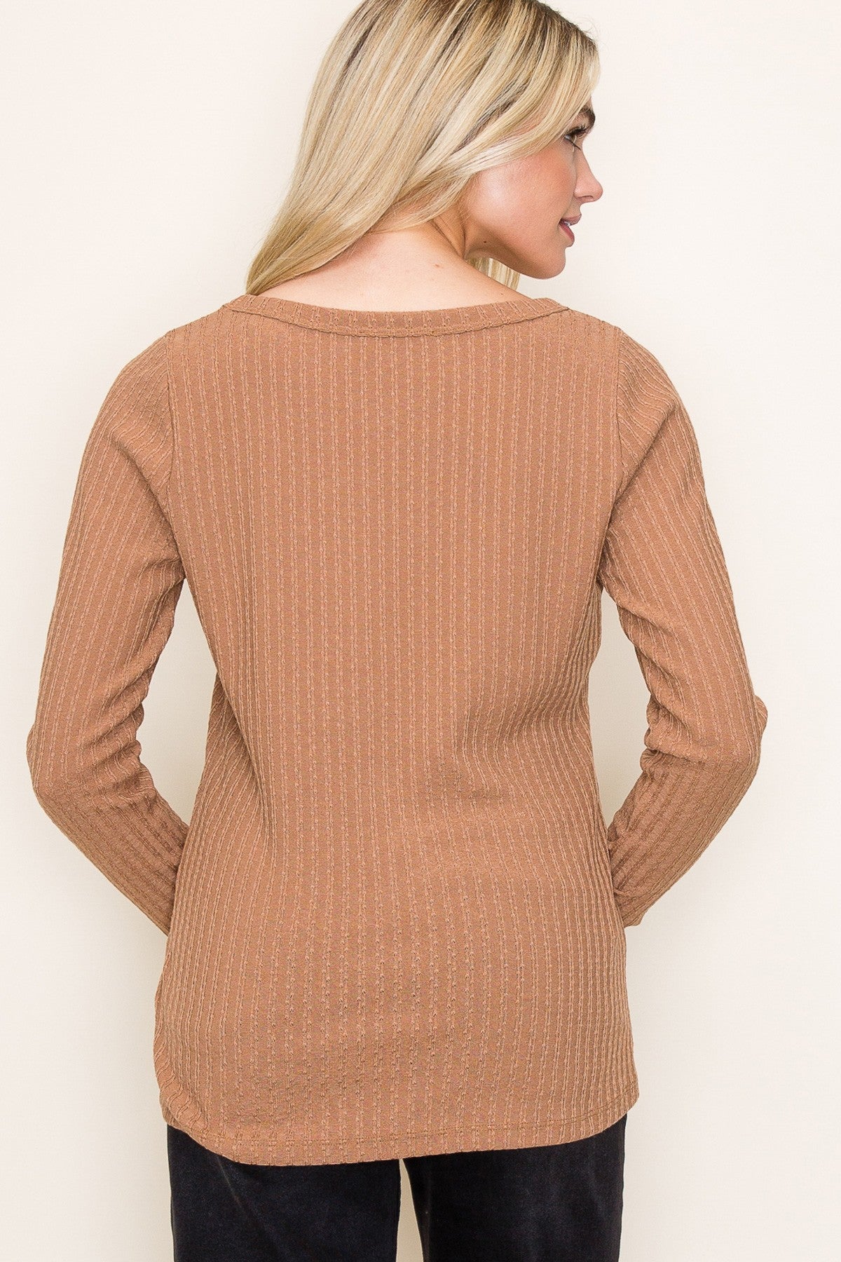 Camel Ribbed V-Neck Long Sleeve Top