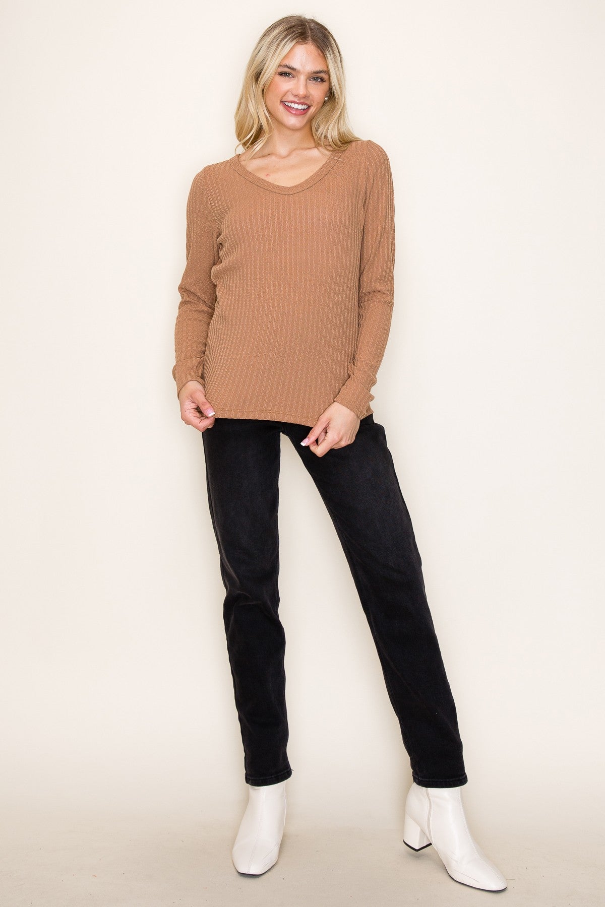 Camel Ribbed V-Neck Long Sleeve Top
