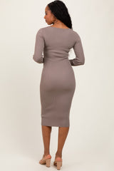Taupe Ribbed Fitted Button Long Sleeve Dress