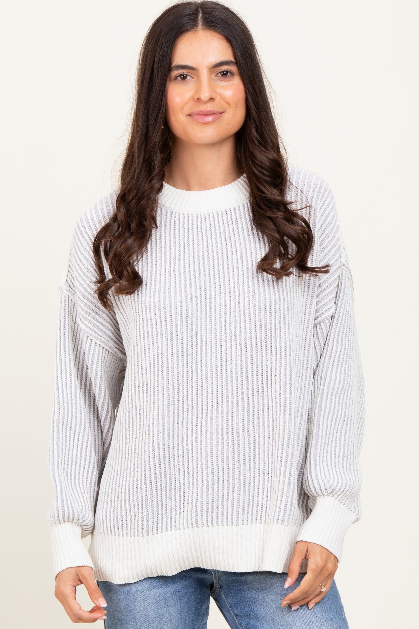 Grey Ribbed Balloon Sleeve Sweater