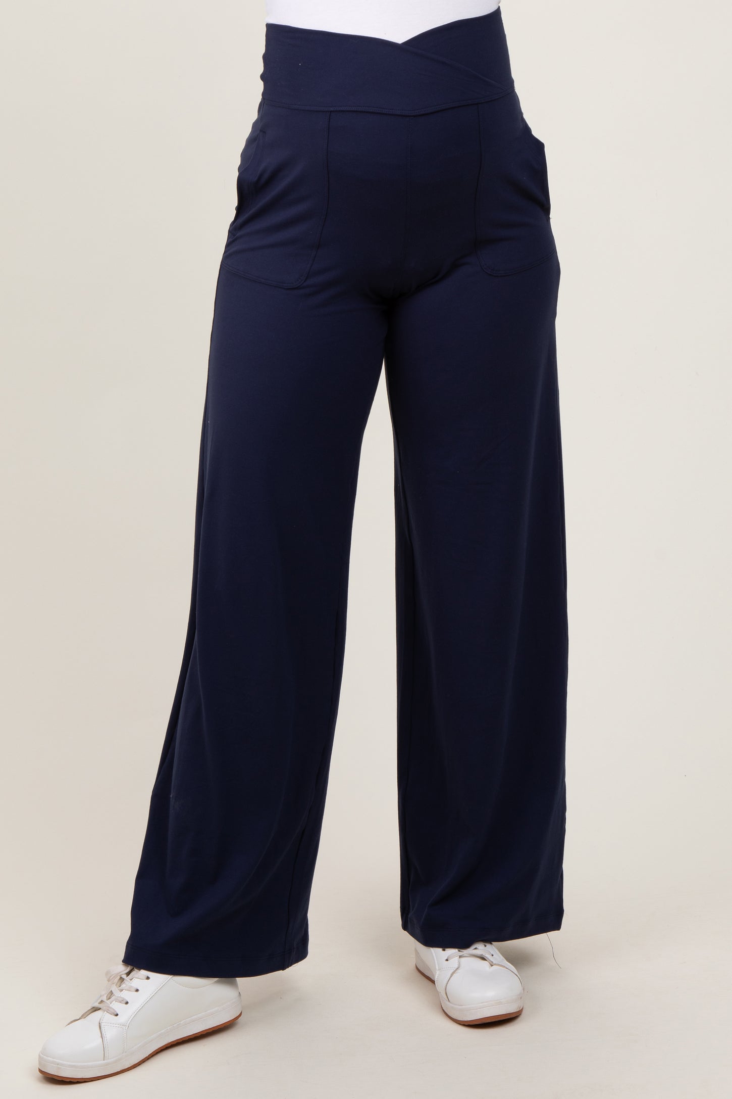 Navy Crossover Waist Active Wide Leg Maternity Pant