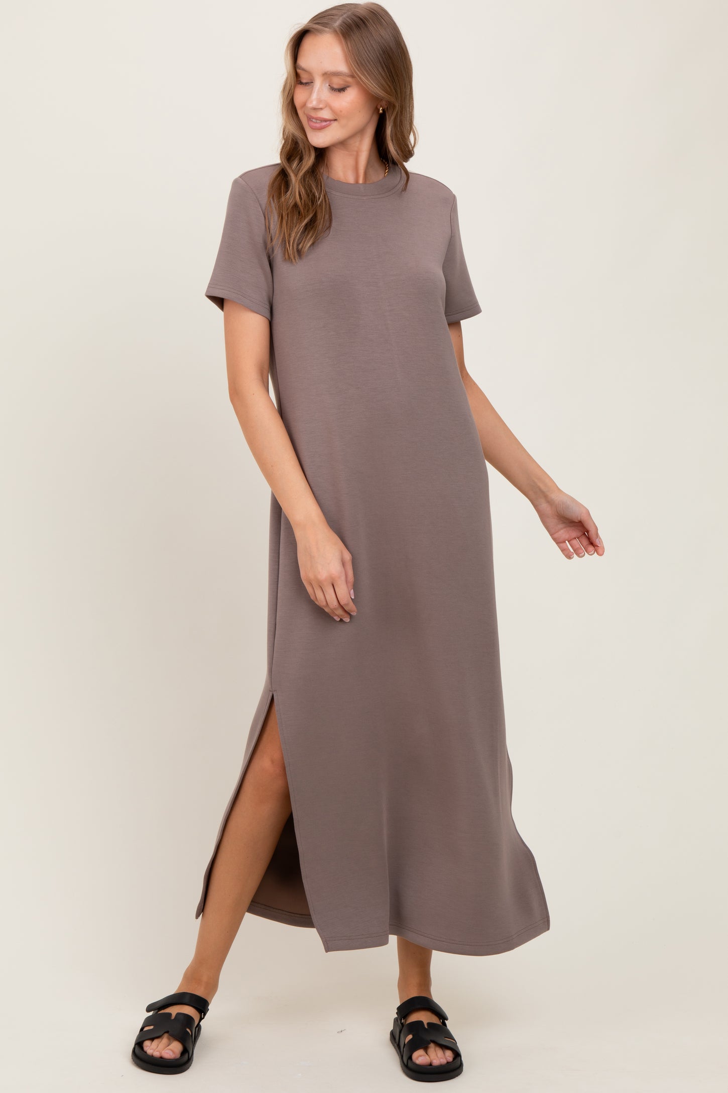 Taupe Basic Side Slit Short Sleeve Midi Dress