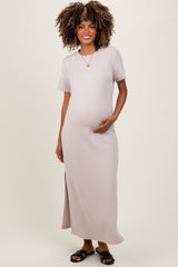 Cream Basic Side Slit Short Sleeve Maternity Midi Dress