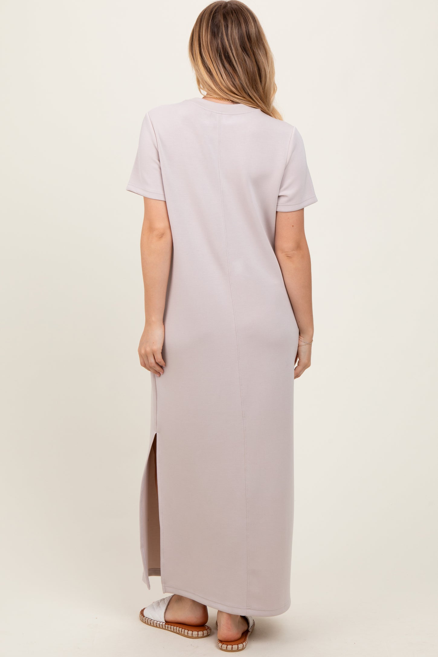 Cream Basic Side Slit Short Sleeve Midi Dress