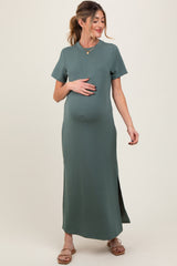 Light Olive Basic Side Slit Short Sleeve Maternity Midi Dress