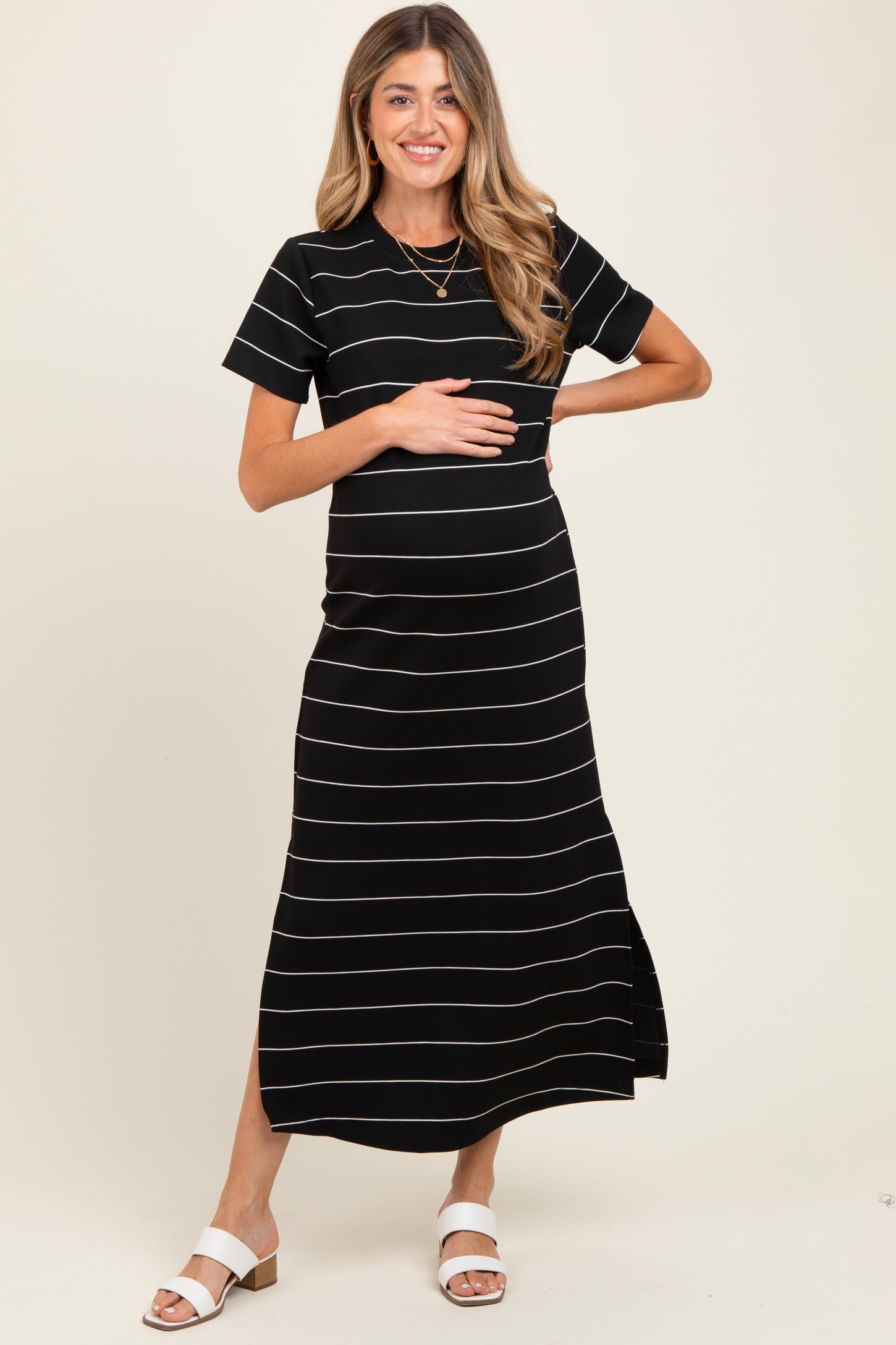 Black Striped Short Sleeve Side Slit Maternity Midi Dress