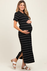 Black Striped Short Sleeve Side Slit Maternity Midi Dress
