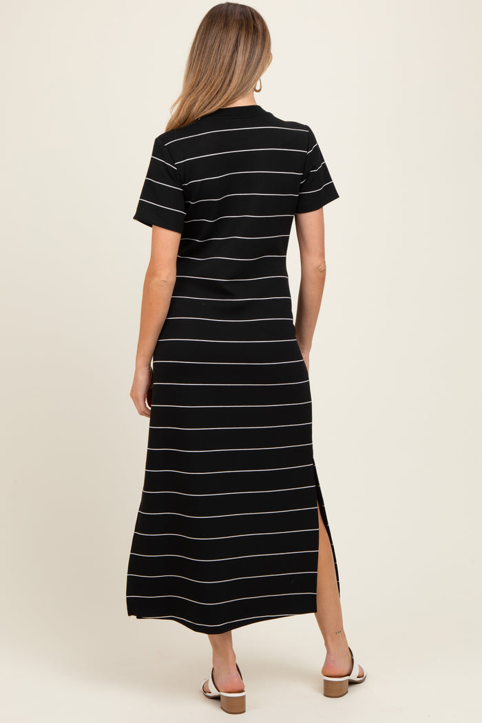 Black Striped Short Sleeve Side Slit Maternity Midi Dress