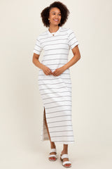 Ivory Striped Short Sleeve Side Slit Maternity Midi Dress