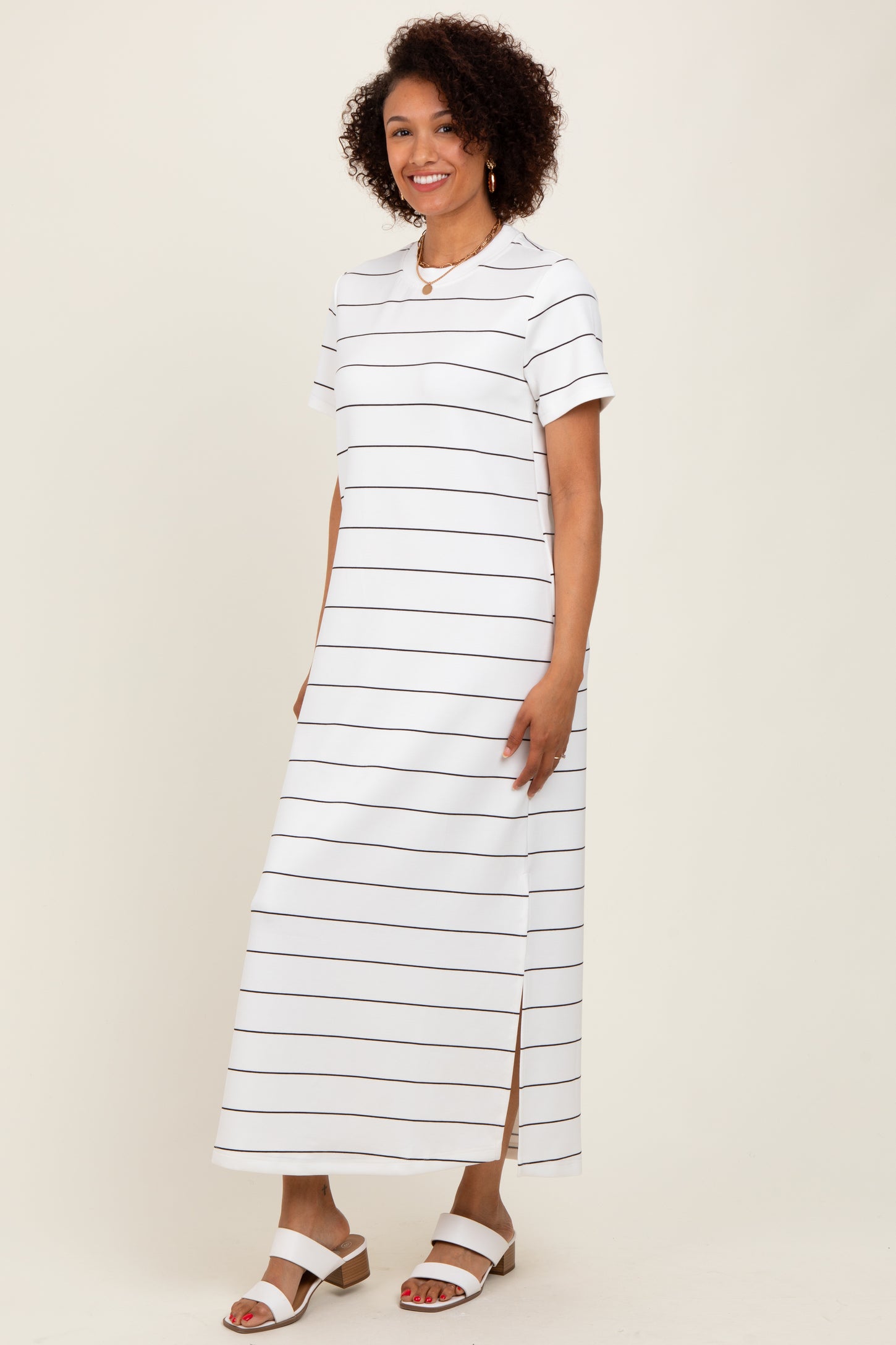 Ivory Striped Short Sleeve Side Slit Midi Dress
