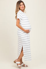 Ivory Striped Short Sleeve Side Slit Maternity Midi Dress