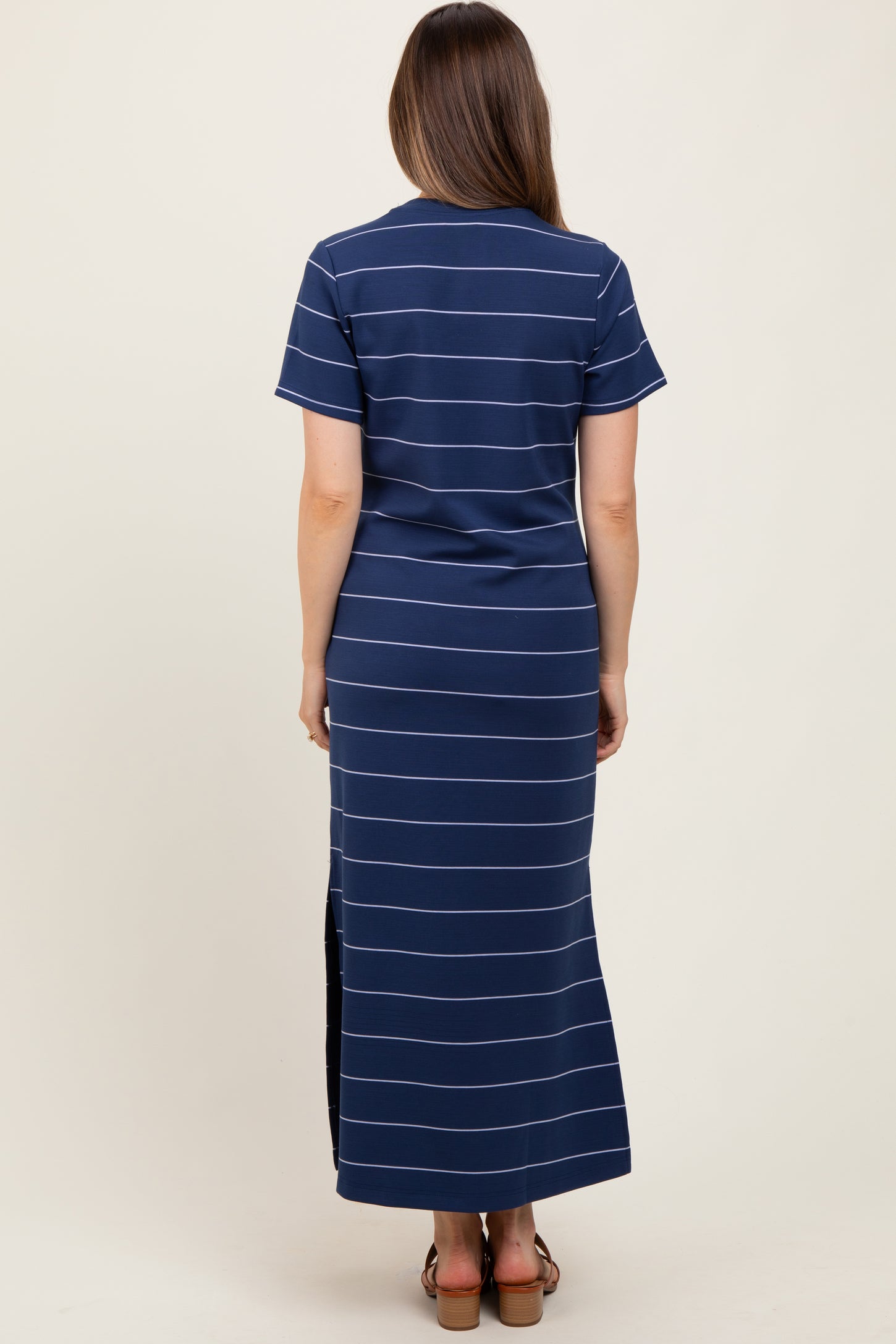 Navy Striped Short Sleeve Side Slit Maternity Midi Dress