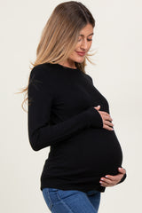 Black Knit Long Button Sleeve Maternity Top