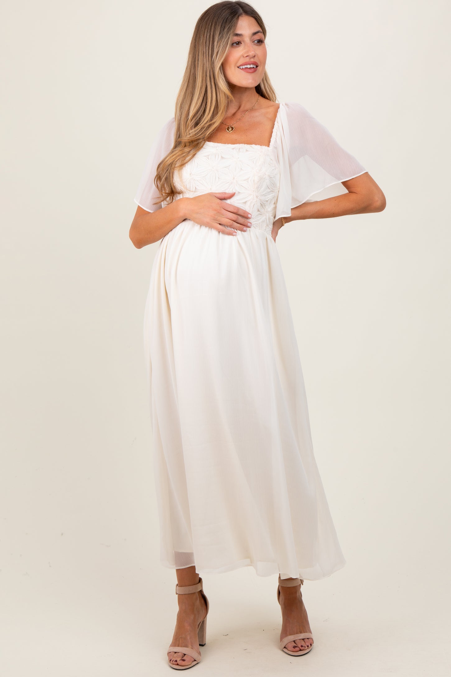 Cream Floral Applique Flutter Sleeved Maternity Midi Dress