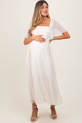 Cream Floral Applique Flutter Sleeved Maternity Midi Dress