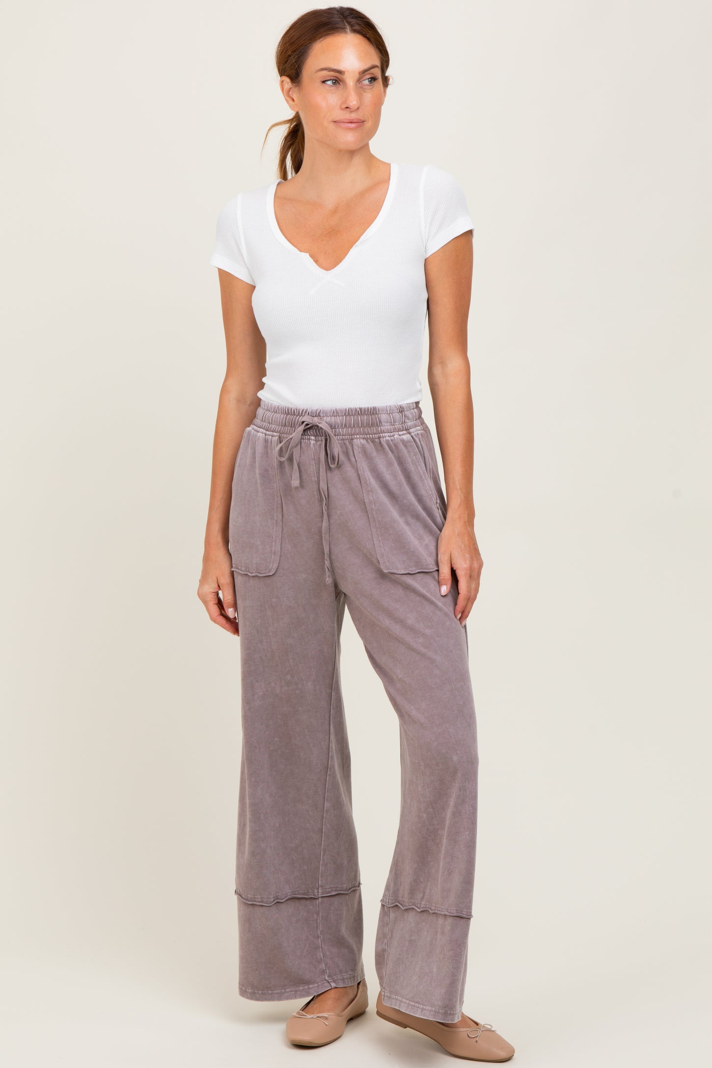 Mocha Mineral Wash Wide Leg Ankle Pants
