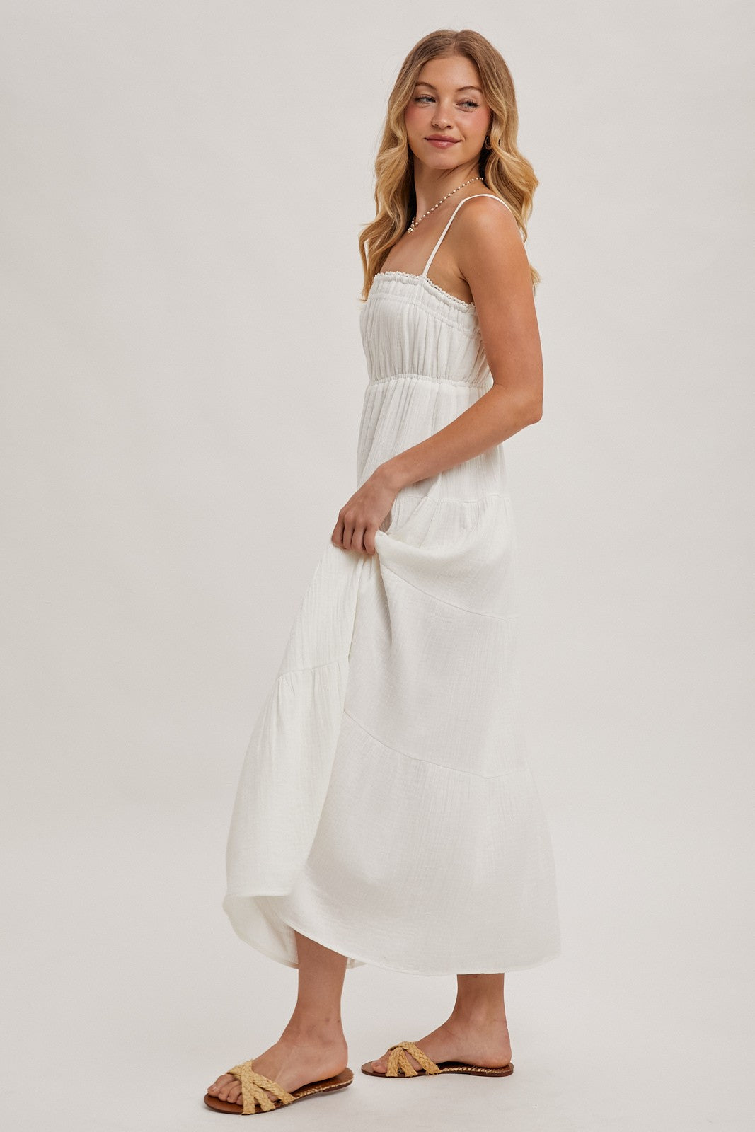 Ivory Crochet Trim Tiered Maxi Dress