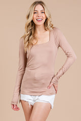 Beige Square Neck Long Sleeve Maternity Top