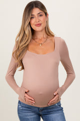Beige Square Neck Long Sleeve Maternity Top