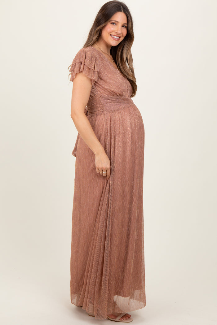 Gold Metallic Plisse Flutter Sleeve Maternity Maxi Dress
