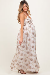 Taupe Multi Floral Print Sleeveless Maternity Maxi Dress