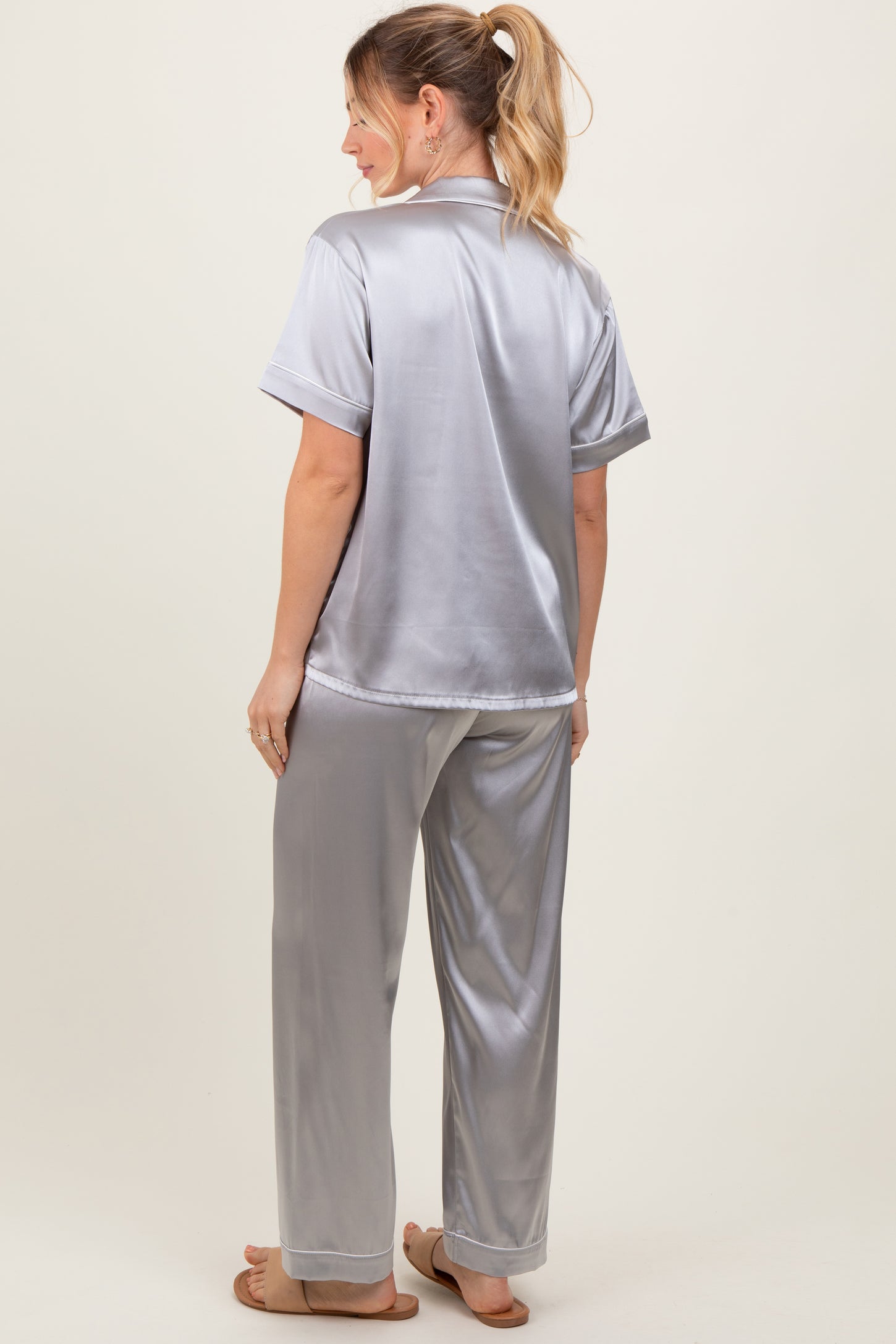 Silver Satin Contrast Trim Pajama Set
