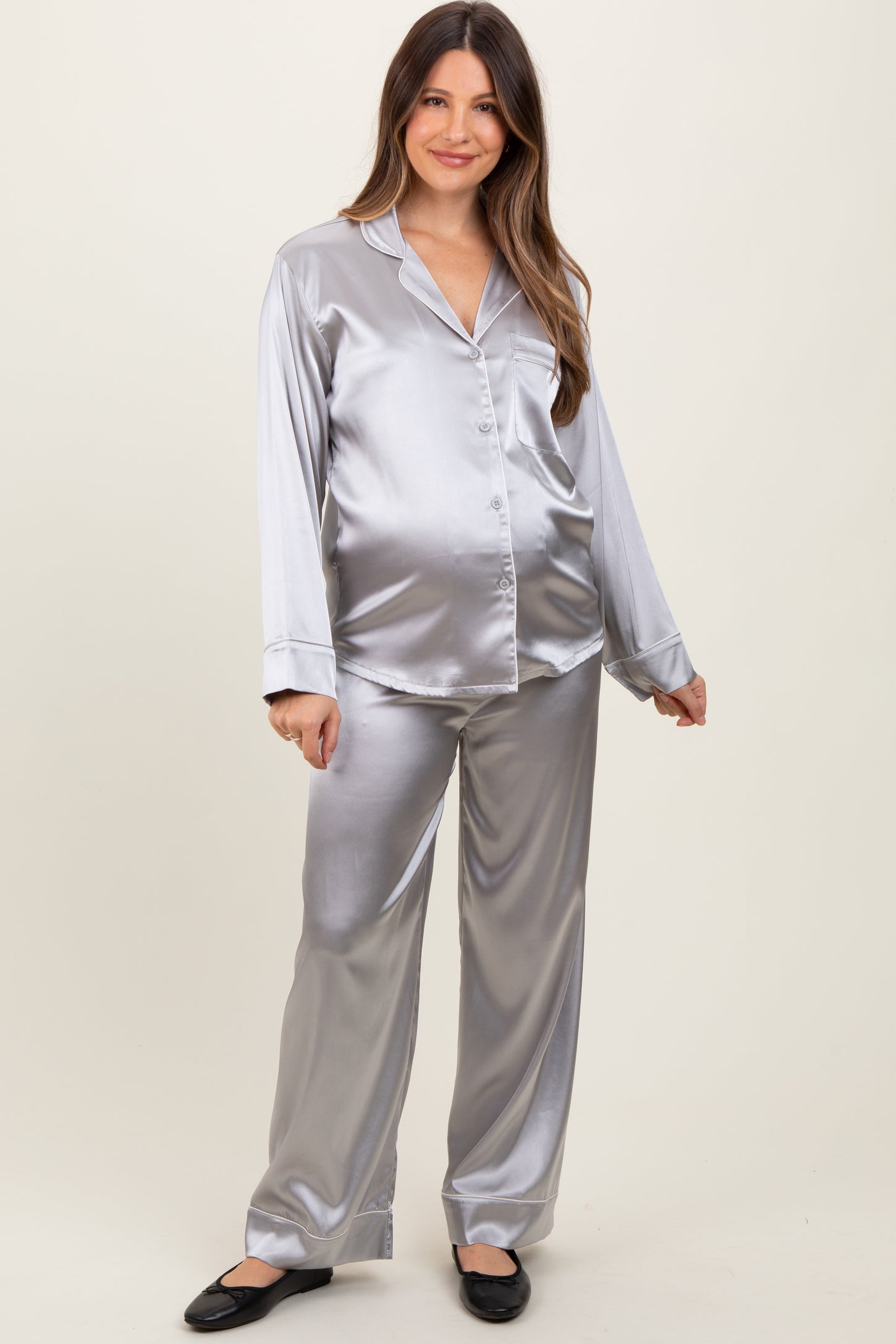 Silver Satin Contrast Trim Long Sleeve Maternity Pajama Set