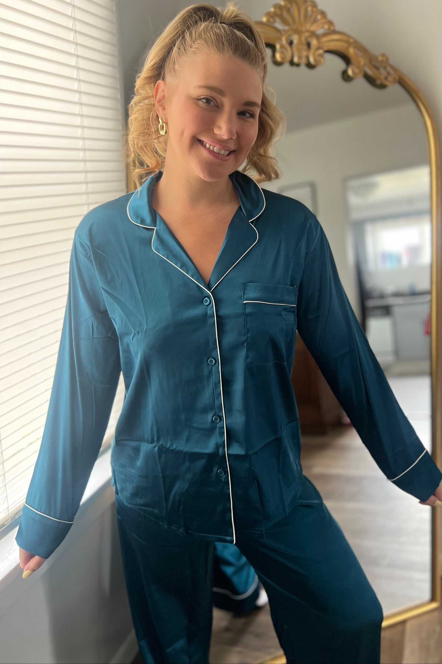 Teal Satin Contrast Trim Long Sleeve Pajama Set
