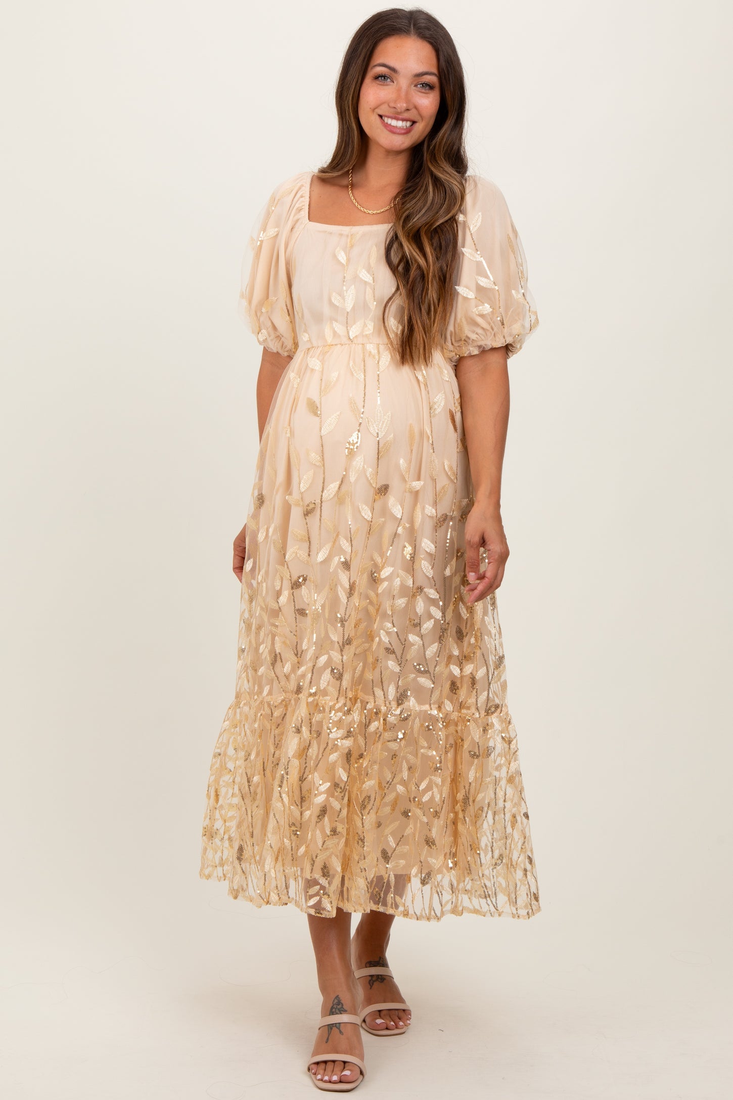 Cream Embroidered Sequin Detail Mesh Overlay Maternity Maxi Dress