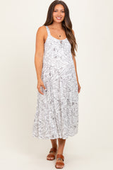 White Floral Outline Print Sleeveless Maternity Midi Dress
