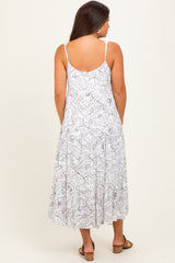 White Floral Outline Print Sleeveless Maternity Midi Dress